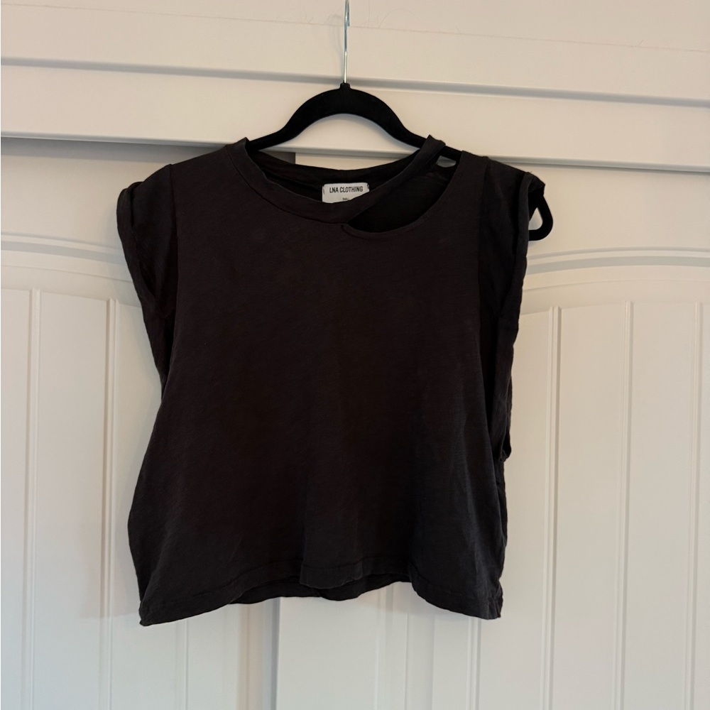 LNA Black Asymmetrical Sleeveless Crop Muscle Tee